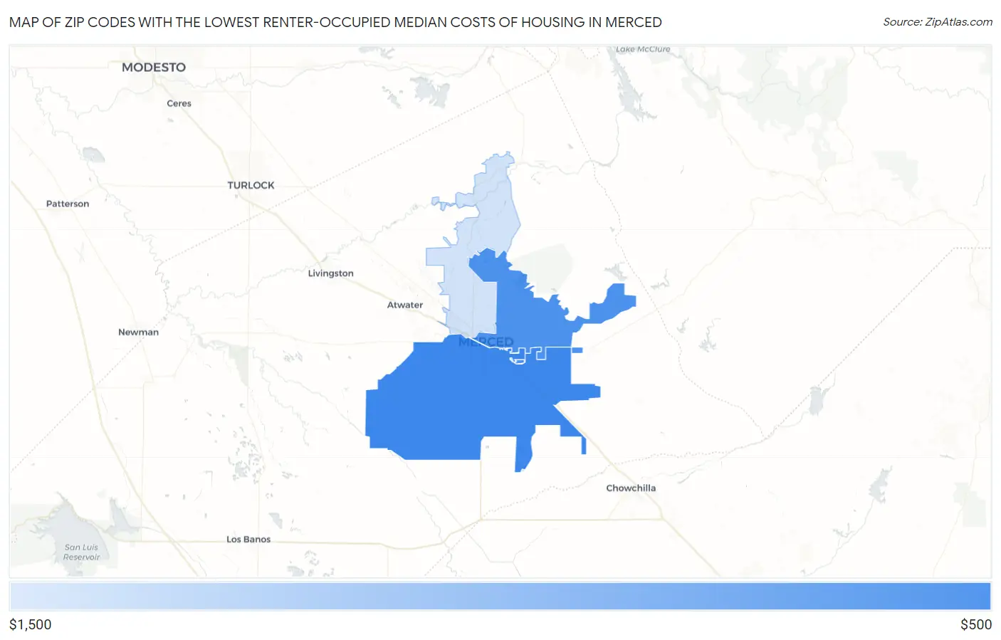 Zip Codes with the Lowest Renter-Occupied Median Costs of Housing in Merced Map