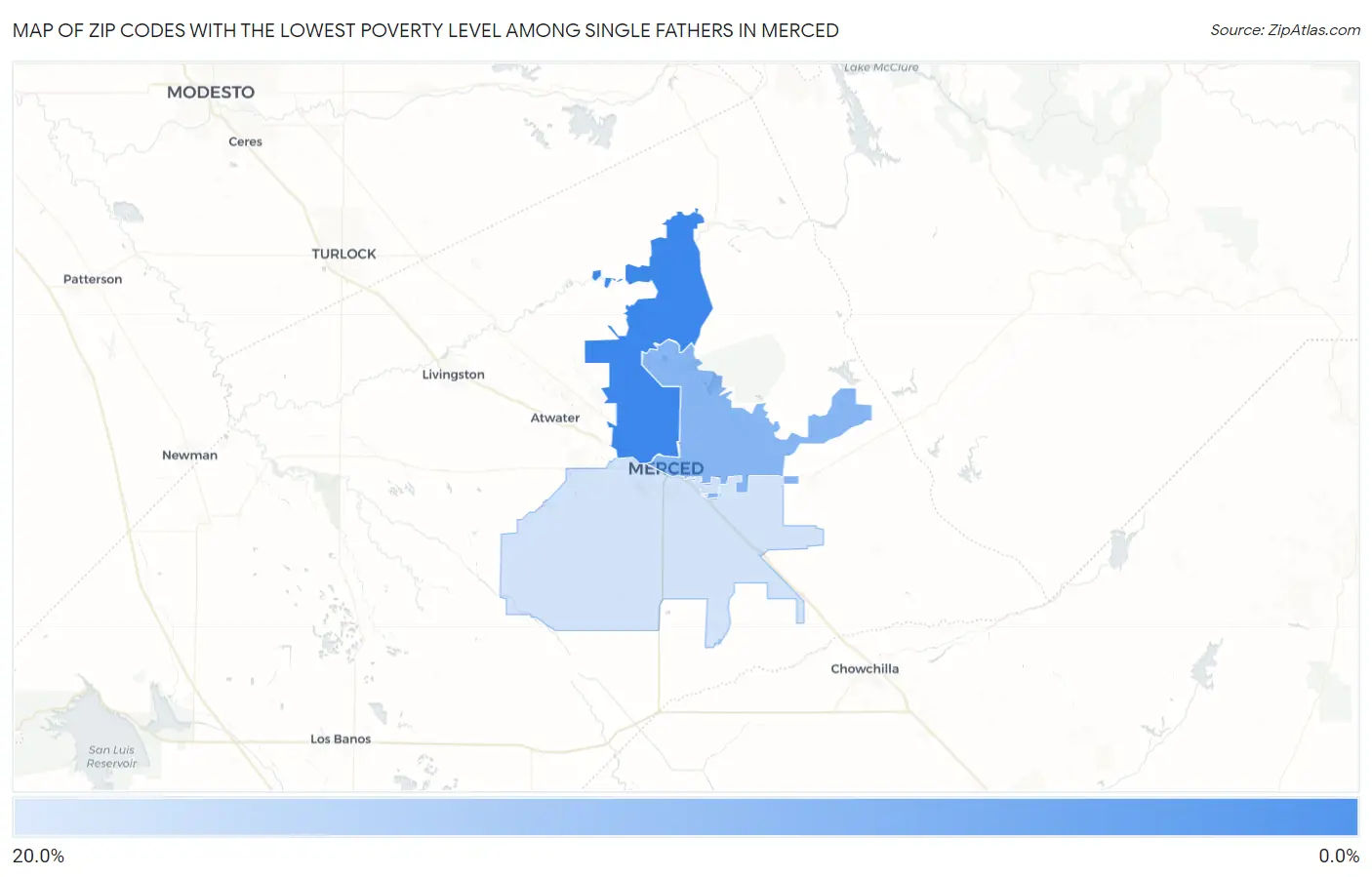 Zip Codes with the Lowest Poverty Level Among Single Fathers in Merced Map