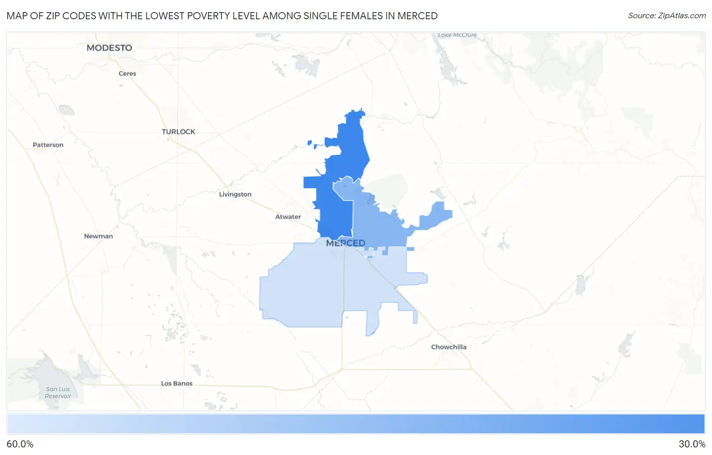 Zip Codes with the Lowest Poverty Level Among Single Females in Merced Map