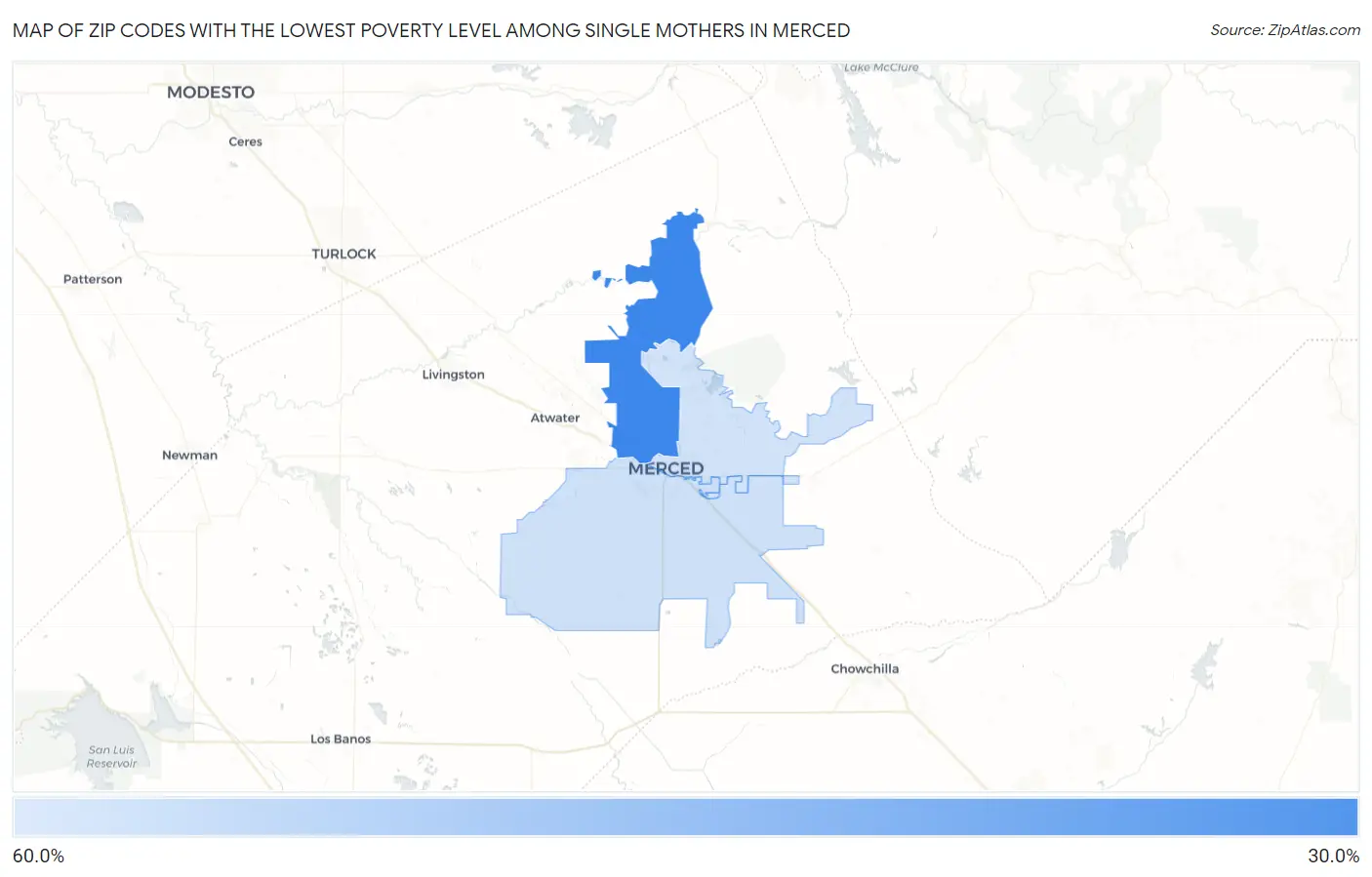 Zip Codes with the Lowest Poverty Level Among Single Mothers in Merced Map