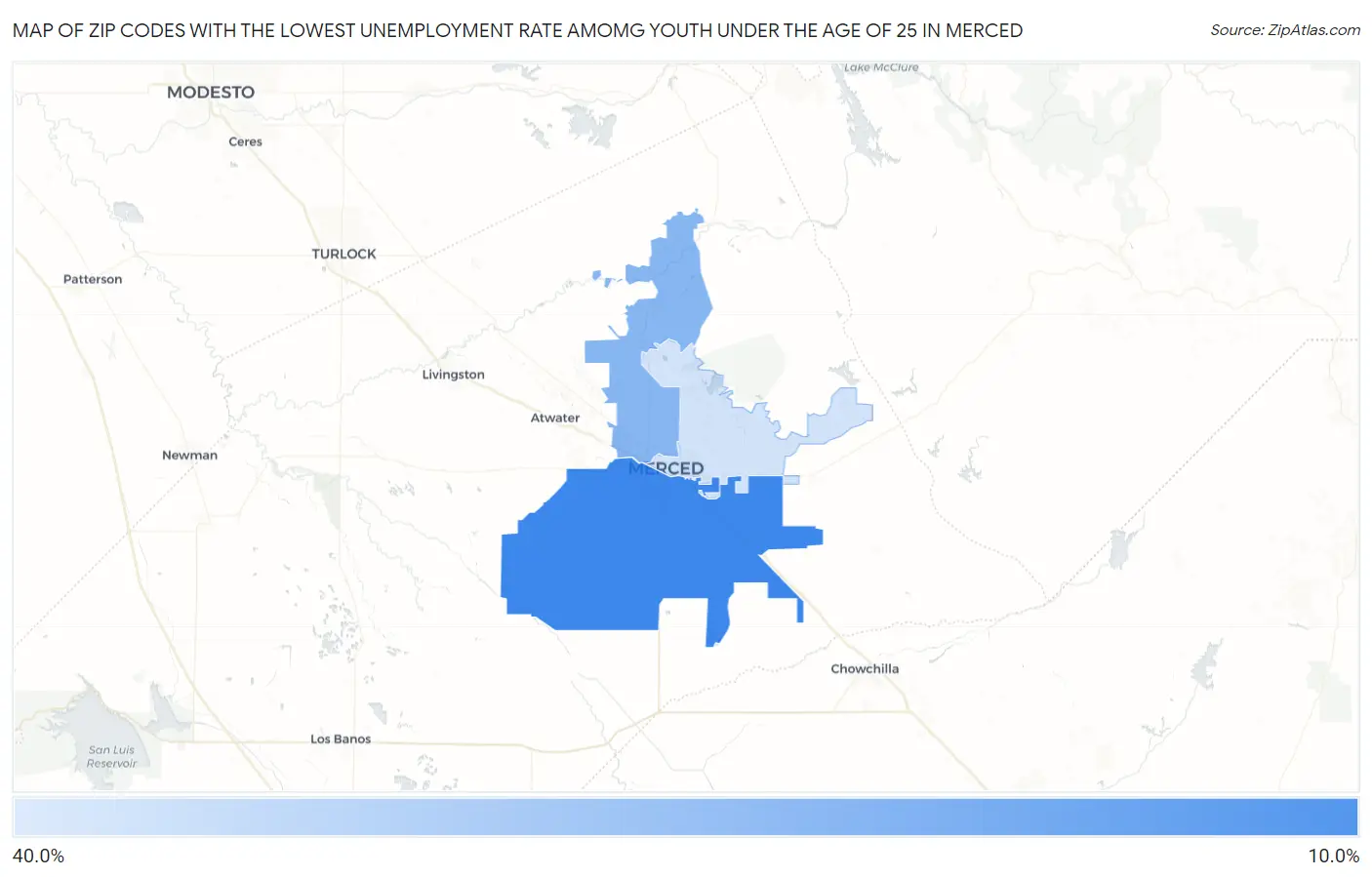 Zip Codes with the Lowest Unemployment Rate Amomg Youth Under the Age of 25 in Merced Map