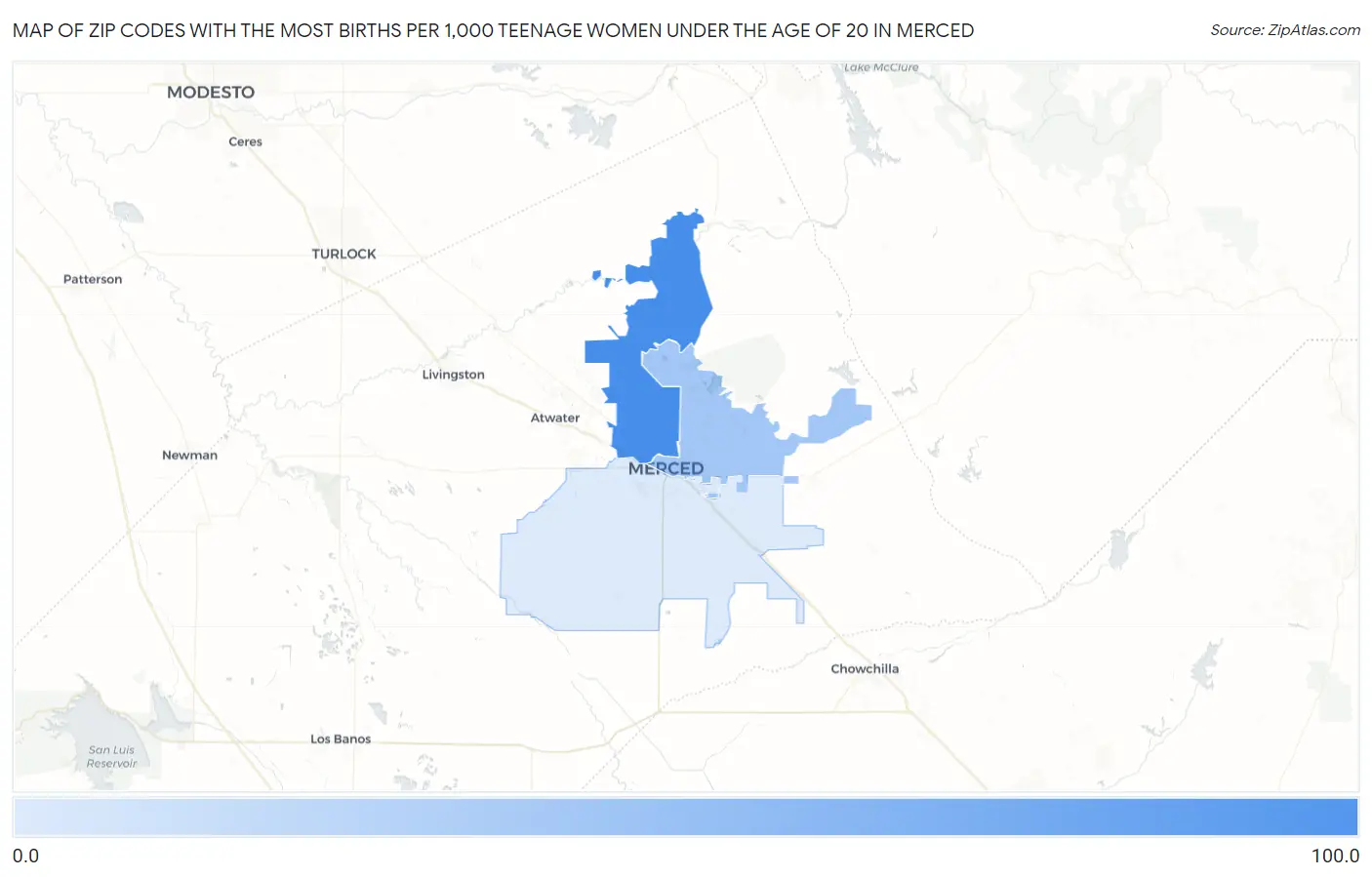 Zip Codes with the Most Births per 1,000 Teenage Women Under the Age of 20 in Merced Map