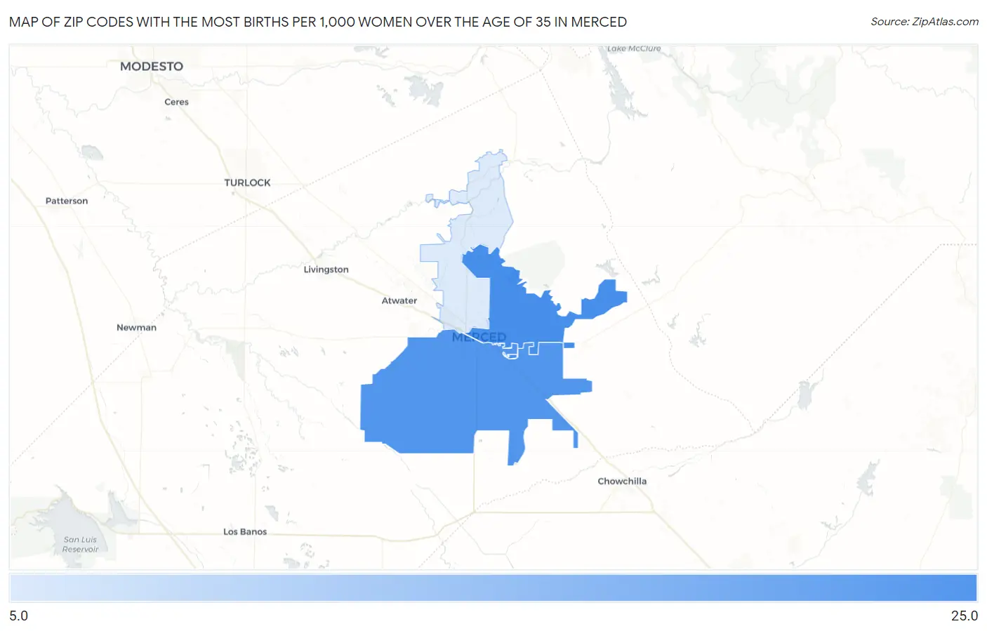 Zip Codes with the Most Births per 1,000 Women Over the Age of 35 in Merced Map