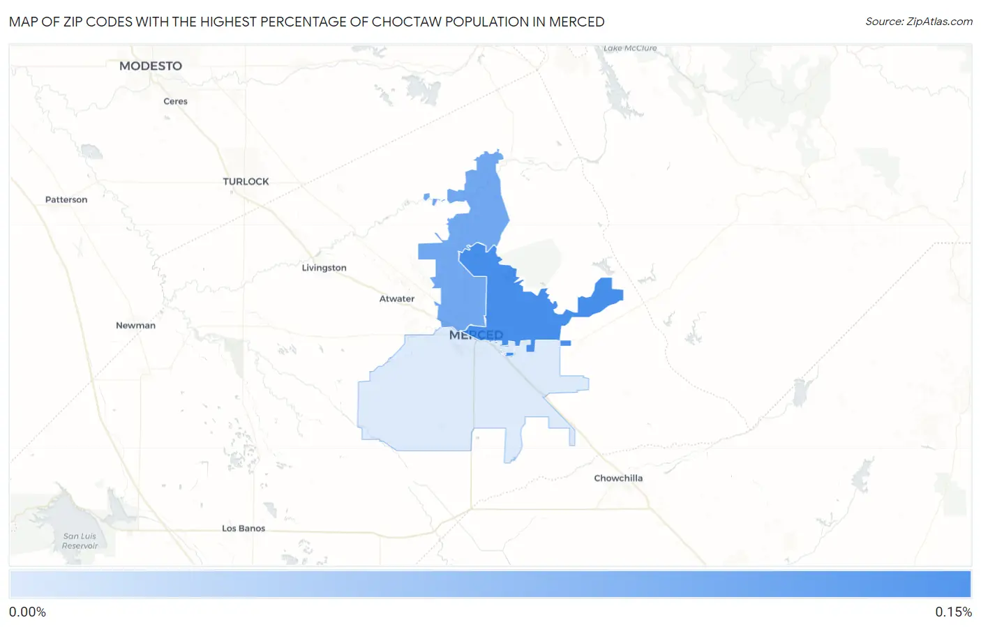 Zip Codes with the Highest Percentage of Choctaw Population in Merced Map