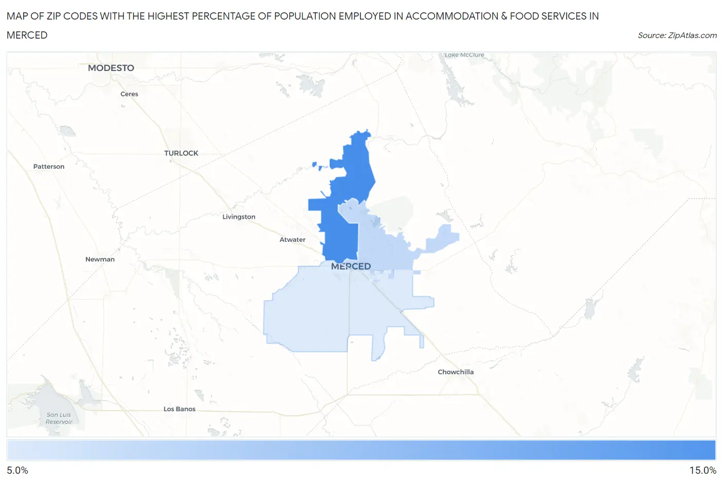 Zip Codes with the Highest Percentage of Population Employed in Accommodation & Food Services in Merced Map