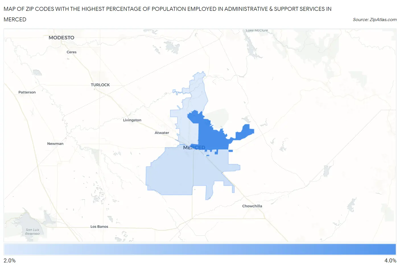 Zip Codes with the Highest Percentage of Population Employed in Administrative & Support Services in Merced Map