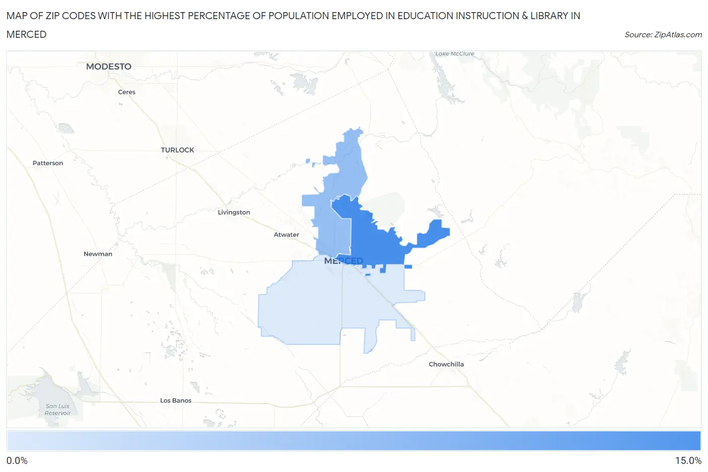 Zip Codes with the Highest Percentage of Population Employed in Education Instruction & Library in Merced Map