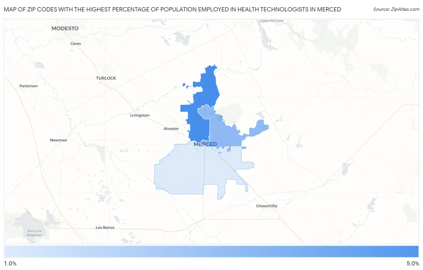 Zip Codes with the Highest Percentage of Population Employed in Health Technologists in Merced Map