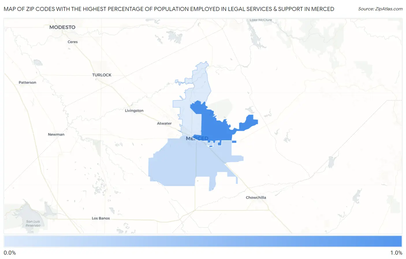 Zip Codes with the Highest Percentage of Population Employed in Legal Services & Support in Merced Map