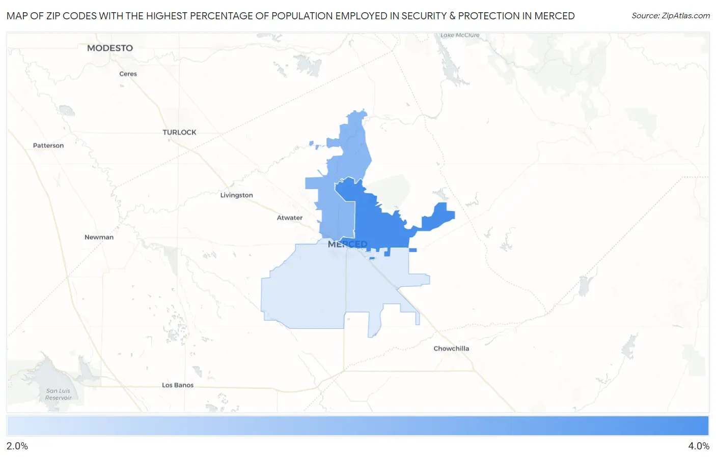 Zip Codes with the Highest Percentage of Population Employed in Security & Protection in Merced Map