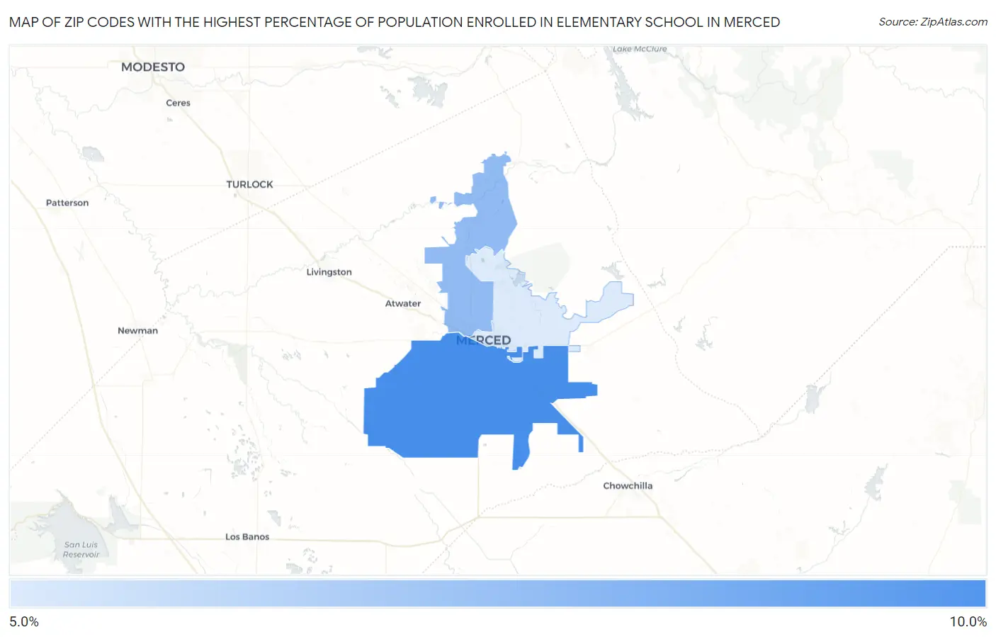 Zip Codes with the Highest Percentage of Population Enrolled in Elementary School in Merced Map