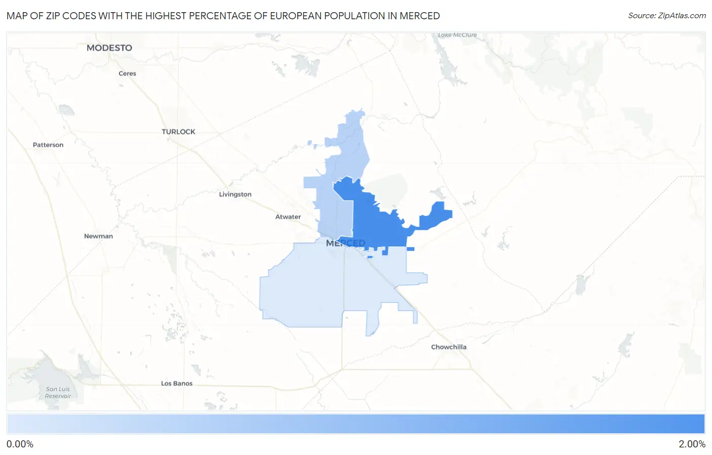 Zip Codes with the Highest Percentage of European Population in Merced Map