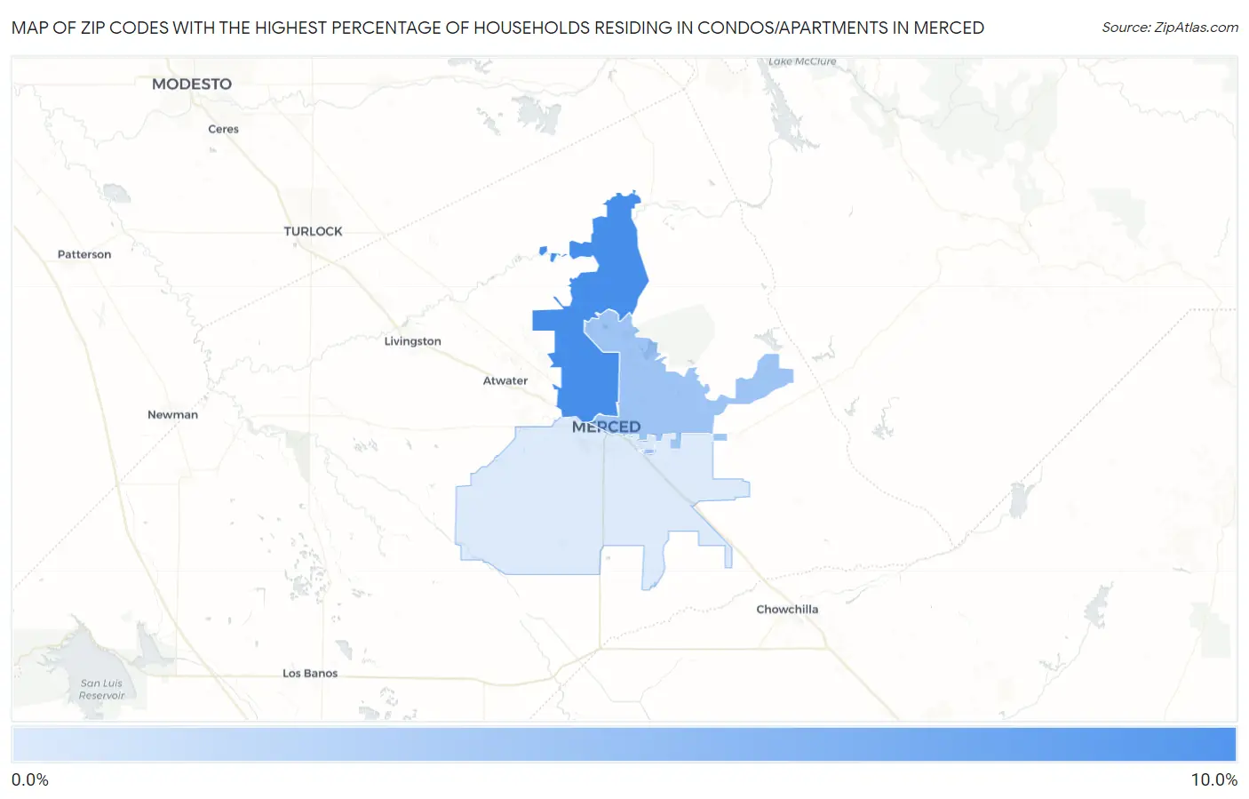 Zip Codes with the Highest Percentage of Households Residing in Condos/Apartments in Merced Map
