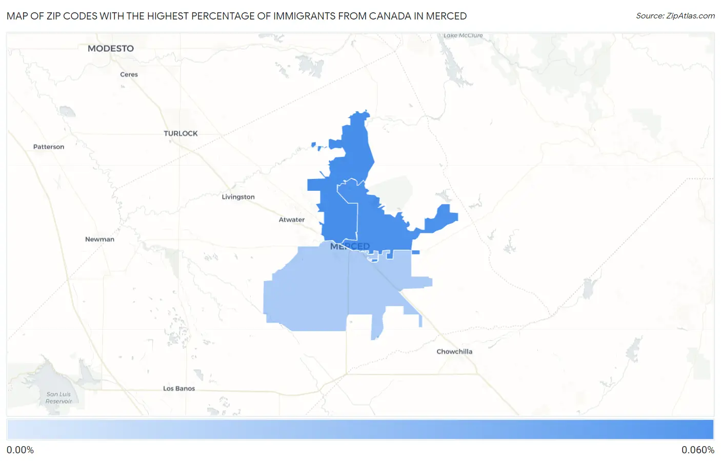 Zip Codes with the Highest Percentage of Immigrants from Canada in Merced Map