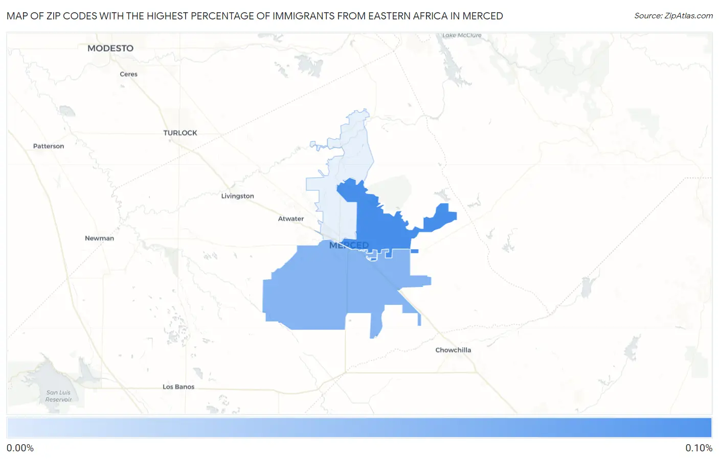 Zip Codes with the Highest Percentage of Immigrants from Eastern Africa in Merced Map