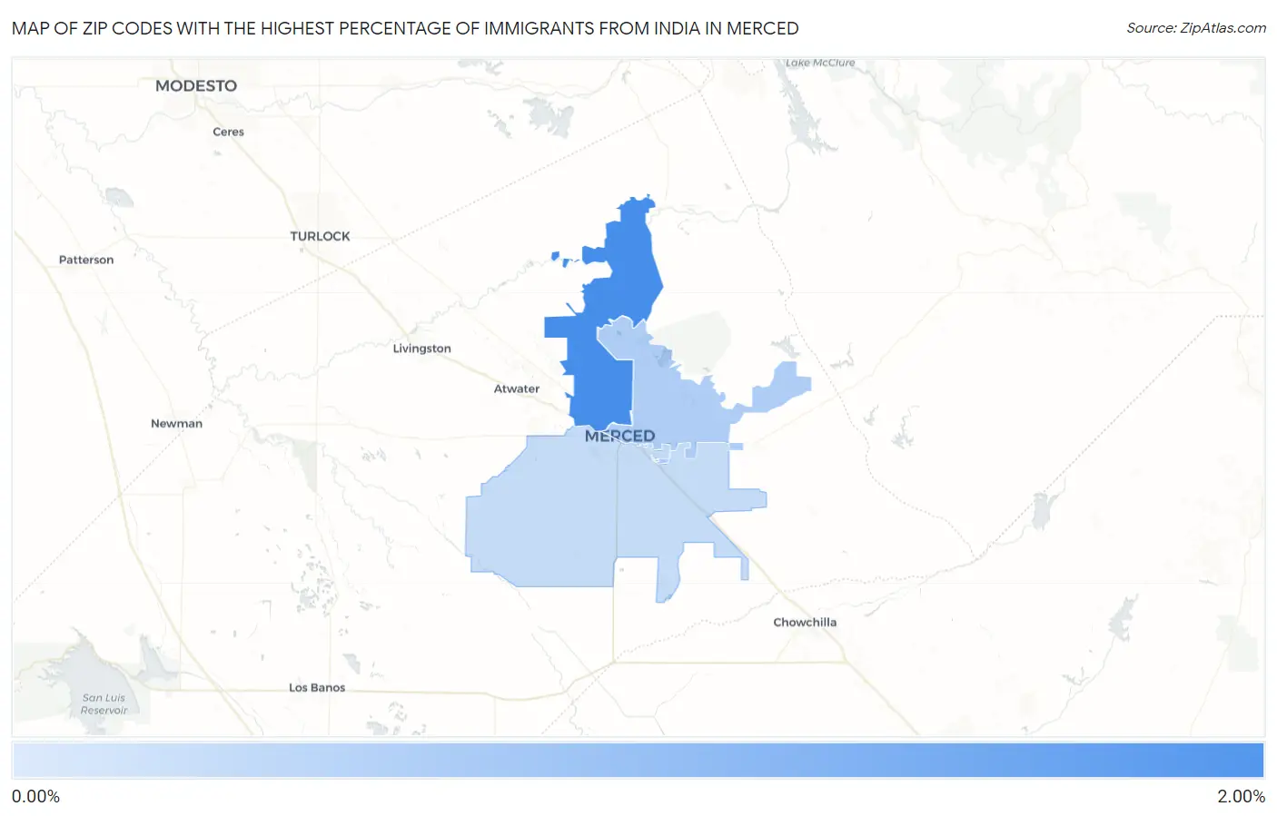 Zip Codes with the Highest Percentage of Immigrants from India in Merced Map
