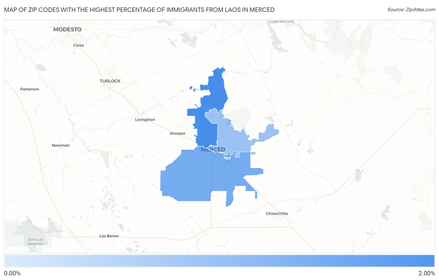 Zip Codes with the Highest Percentage of Immigrants from Laos in Merced Map