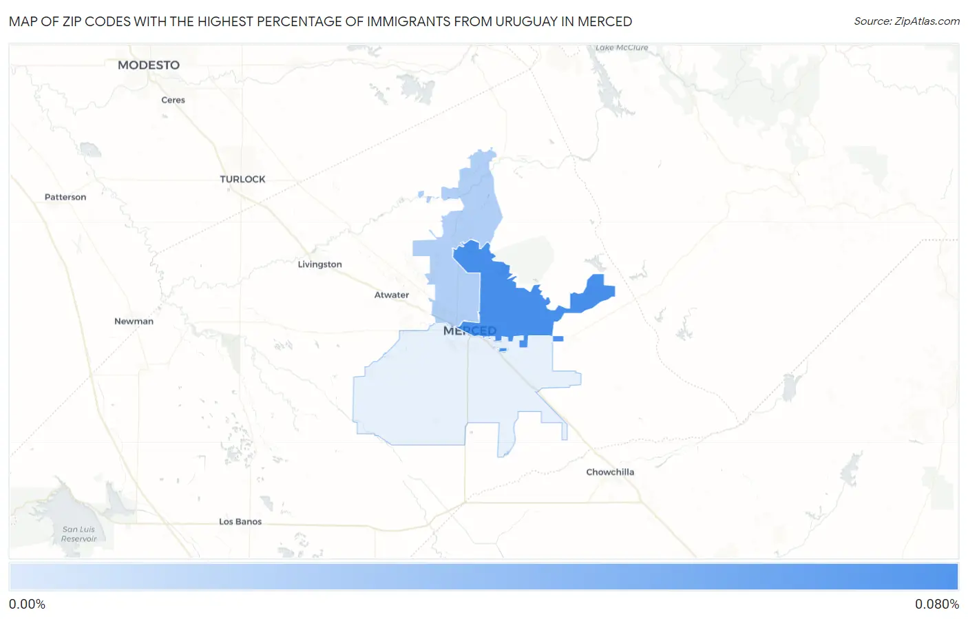 Zip Codes with the Highest Percentage of Immigrants from Uruguay in Merced Map
