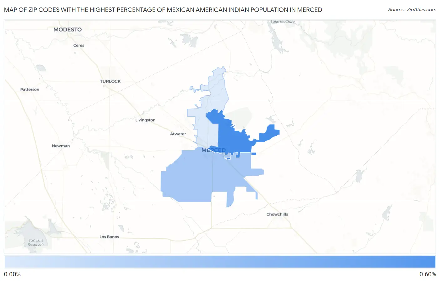 Zip Codes with the Highest Percentage of Mexican American Indian Population in Merced Map