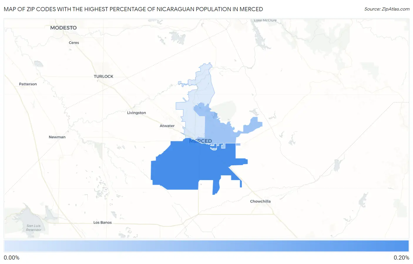 Zip Codes with the Highest Percentage of Nicaraguan Population in Merced Map