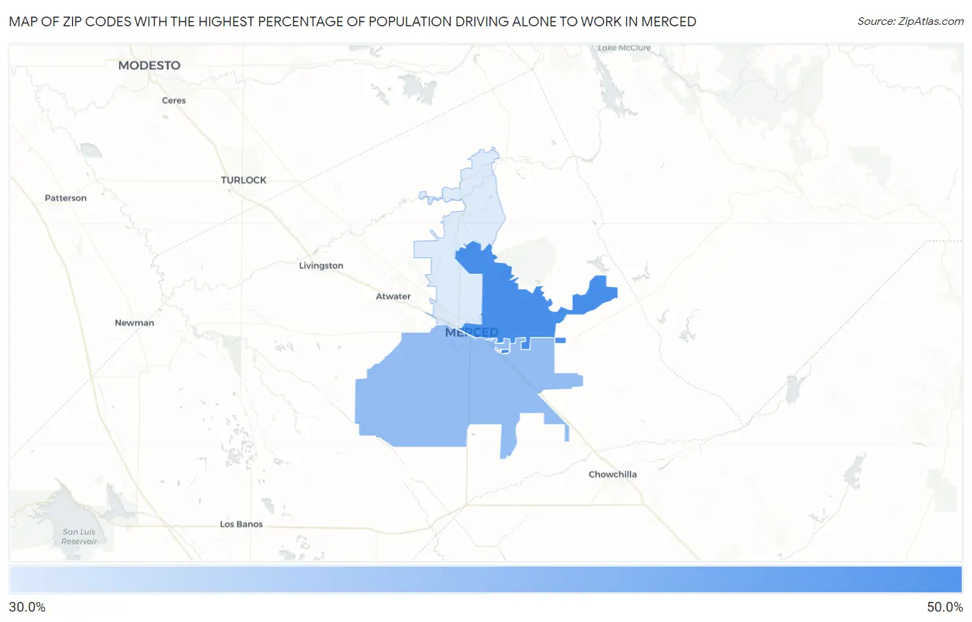 Zip Codes with the Highest Percentage of Population Driving Alone to Work in Merced Map