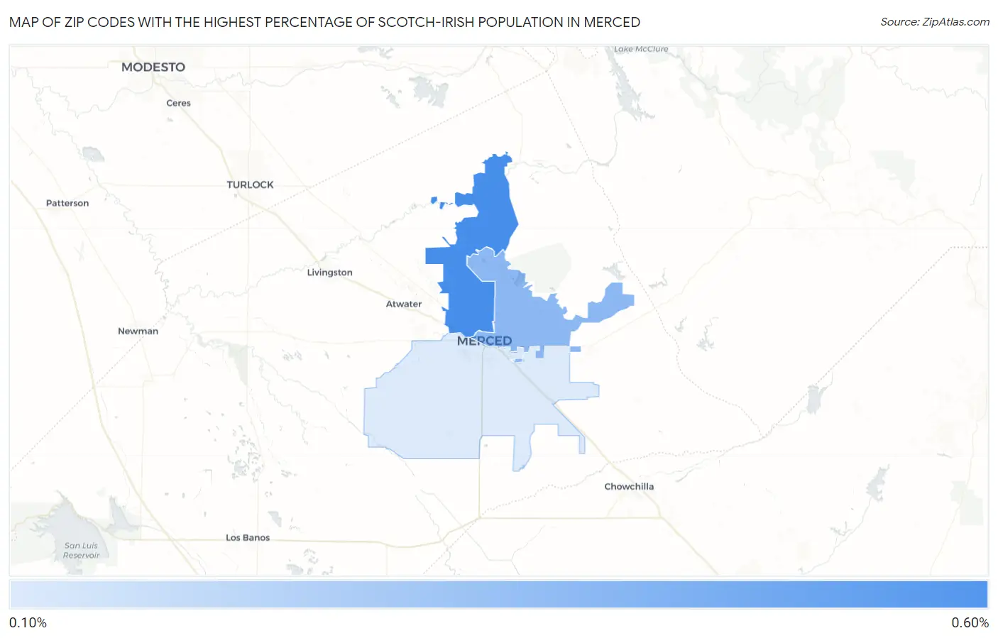 Zip Codes with the Highest Percentage of Scotch-Irish Population in Merced Map