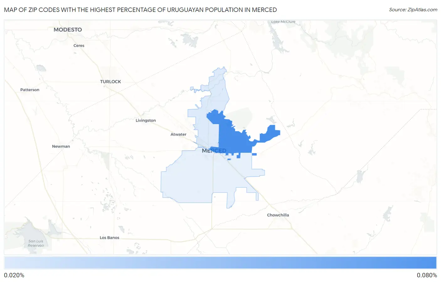 Zip Codes with the Highest Percentage of Uruguayan Population in Merced Map