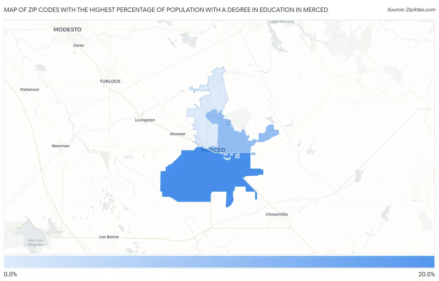 Zip Codes with the Highest Percentage of Population with a Degree in Education in Merced Map