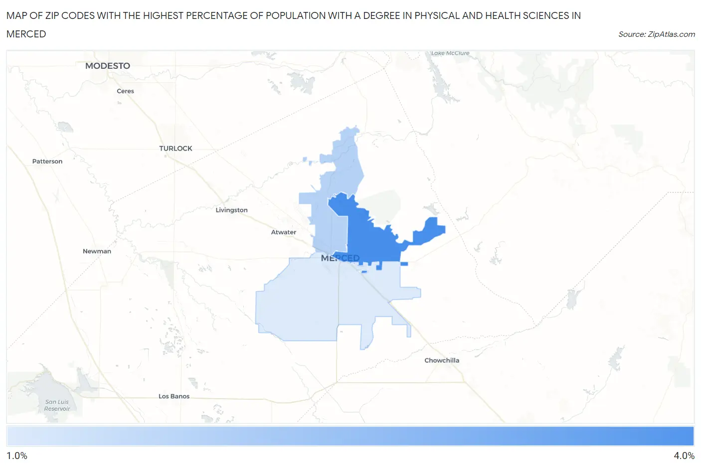 Zip Codes with the Highest Percentage of Population with a Degree in Physical and Health Sciences in Merced Map
