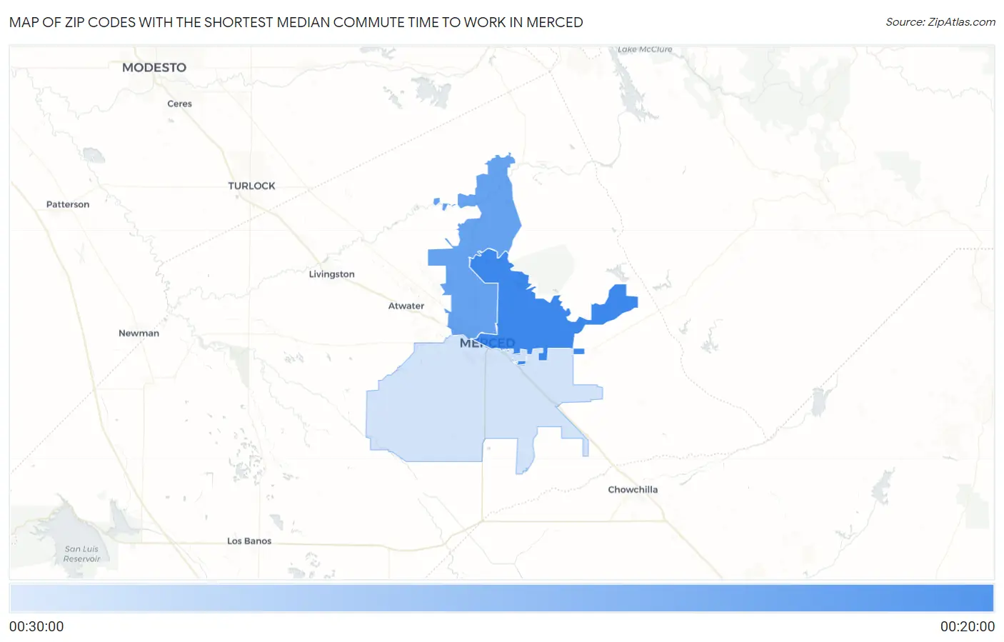 Zip Codes with the Shortest Median Commute Time to Work in Merced Map