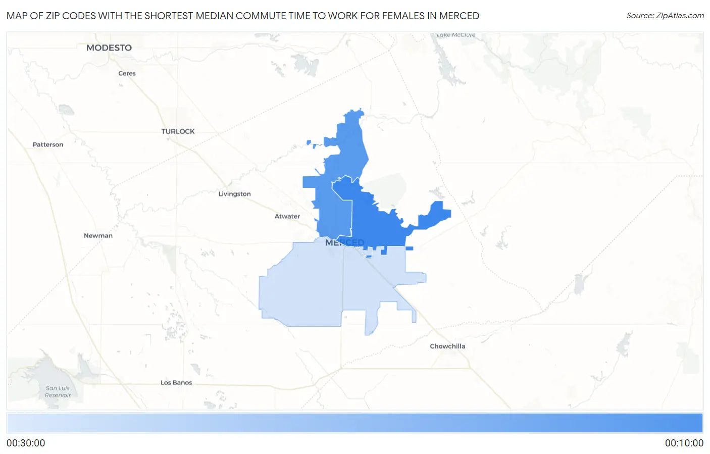 Zip Codes with the Shortest Median Commute Time to Work for Females in Merced Map