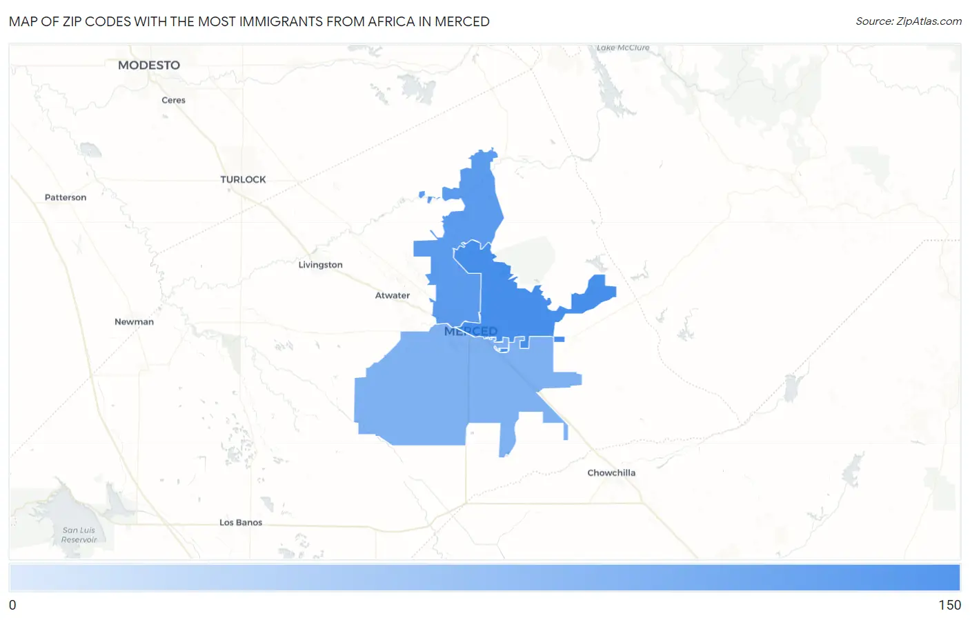 Zip Codes with the Most Immigrants from Africa in Merced Map