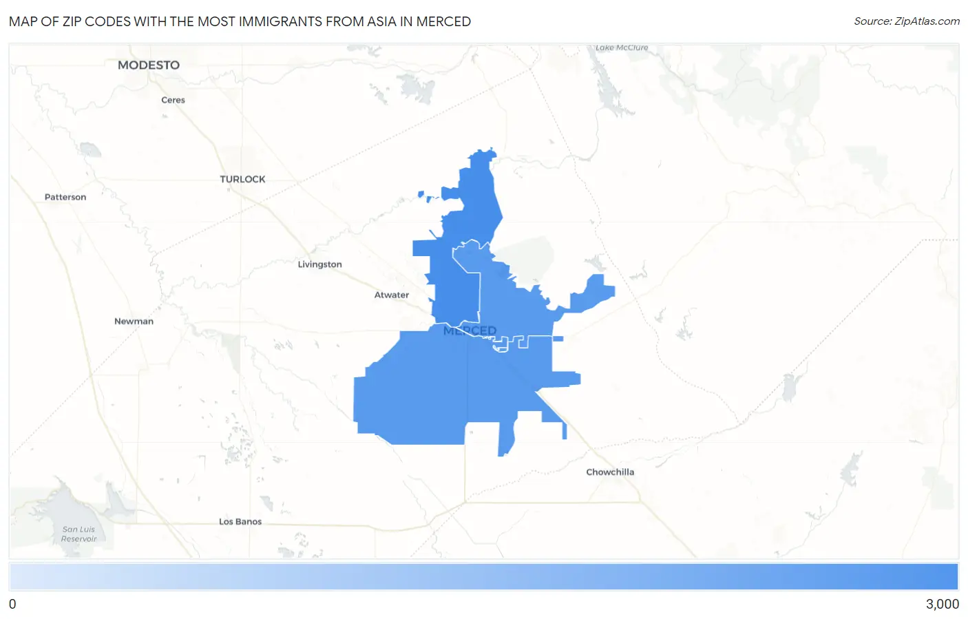Zip Codes with the Most Immigrants from Asia in Merced Map