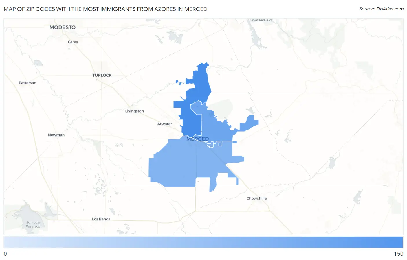 Zip Codes with the Most Immigrants from Azores in Merced Map