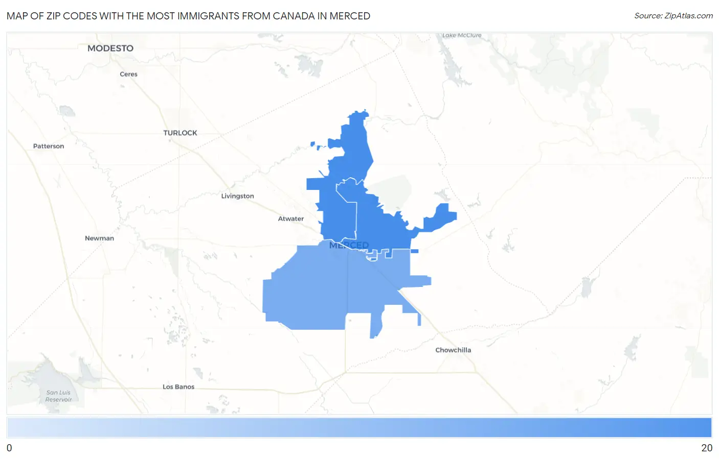 Zip Codes with the Most Immigrants from Canada in Merced Map