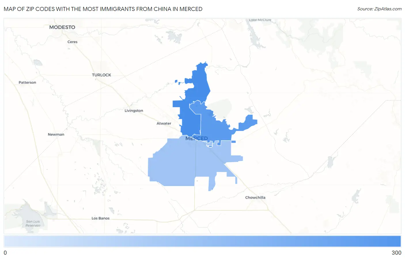 Zip Codes with the Most Immigrants from China in Merced Map