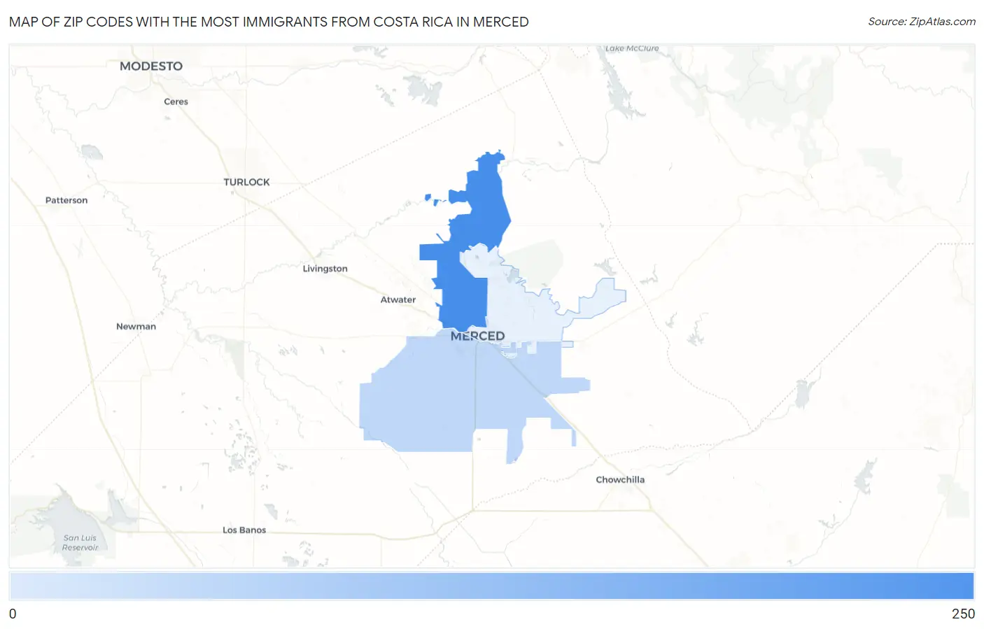 Zip Codes with the Most Immigrants from Costa Rica in Merced Map