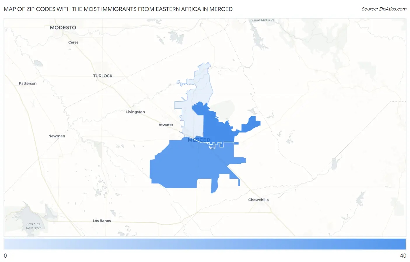 Zip Codes with the Most Immigrants from Eastern Africa in Merced Map