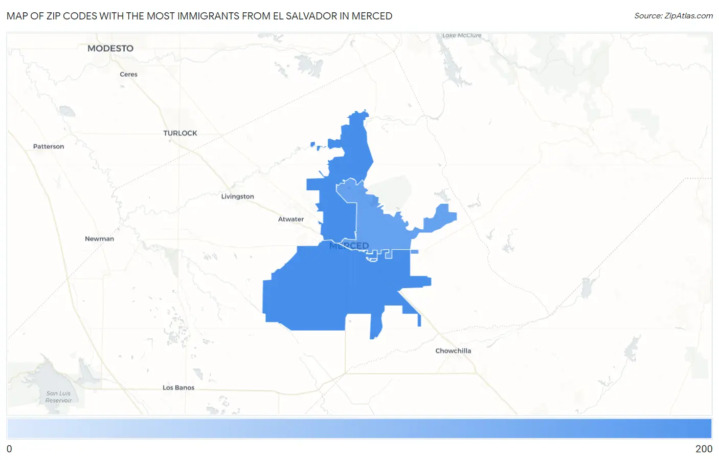 Zip Codes with the Most Immigrants from El Salvador in Merced Map