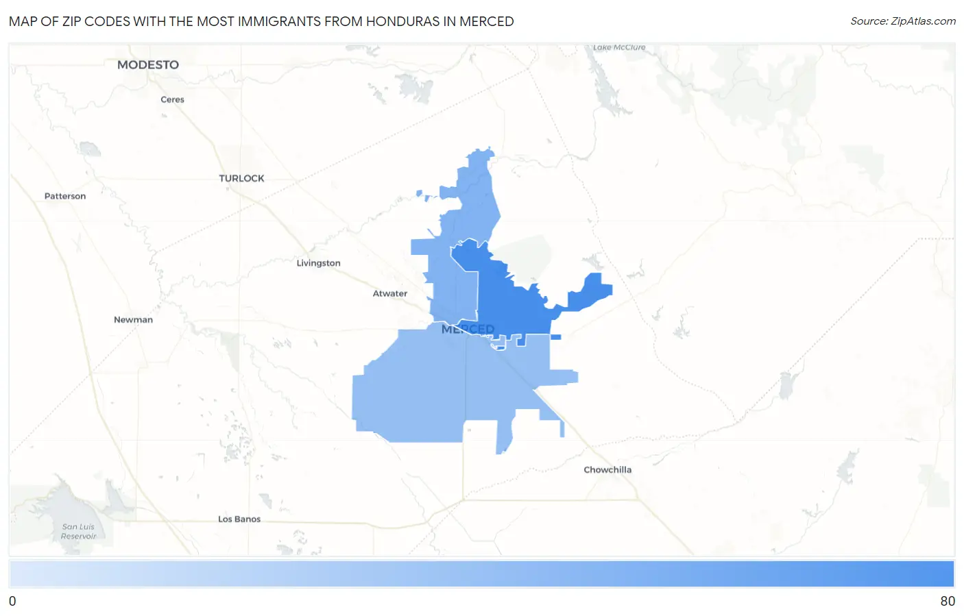 Zip Codes with the Most Immigrants from Honduras in Merced Map