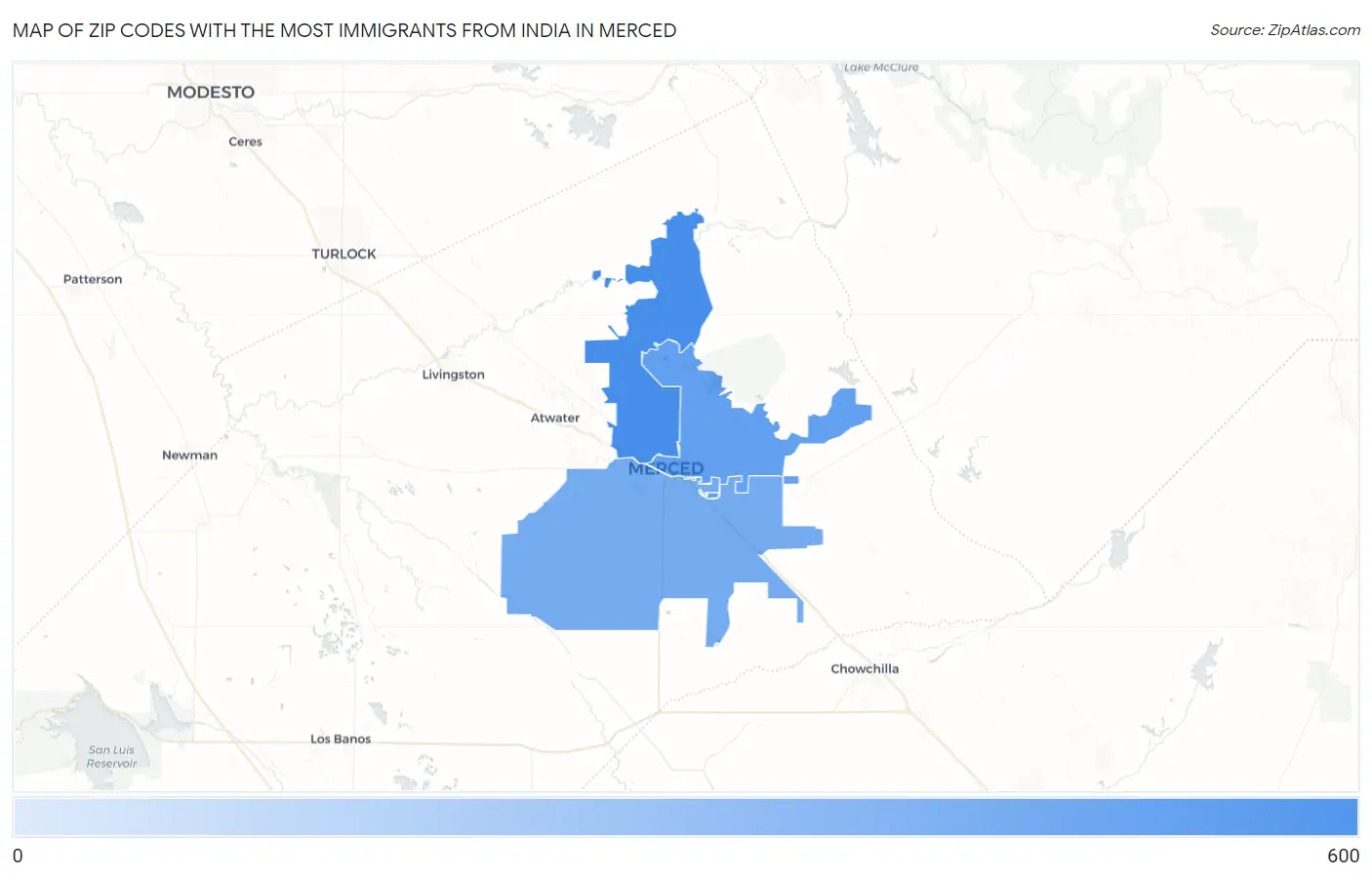 Zip Codes with the Most Immigrants from India in Merced Map