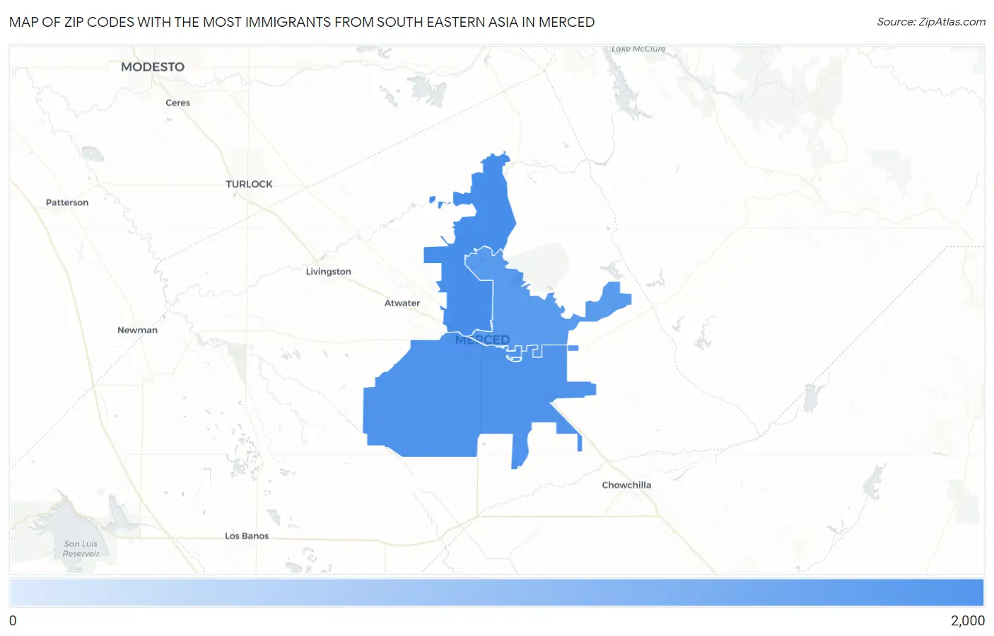 Zip Codes with the Most Immigrants from South Eastern Asia in Merced Map