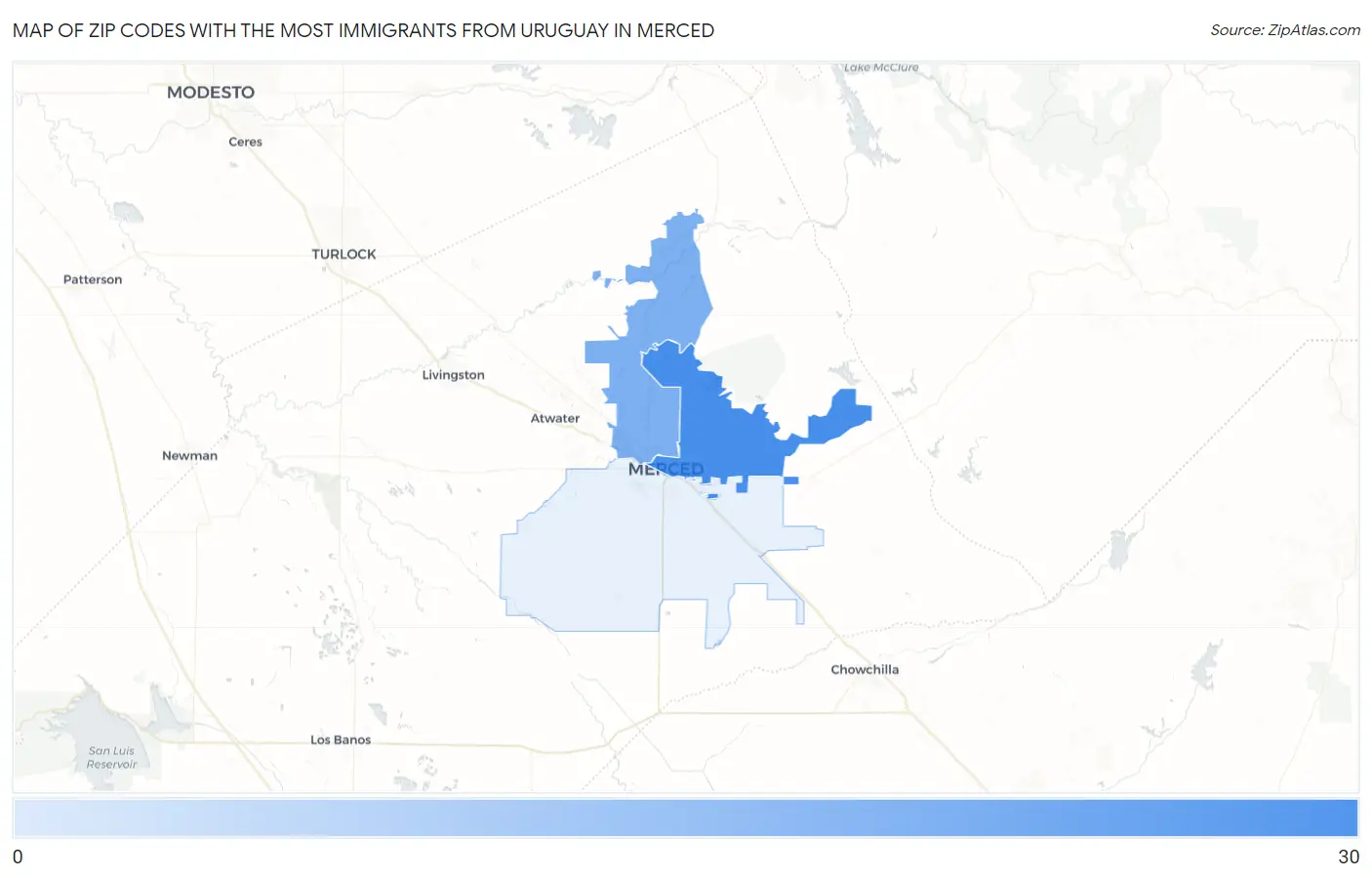 Zip Codes with the Most Immigrants from Uruguay in Merced Map