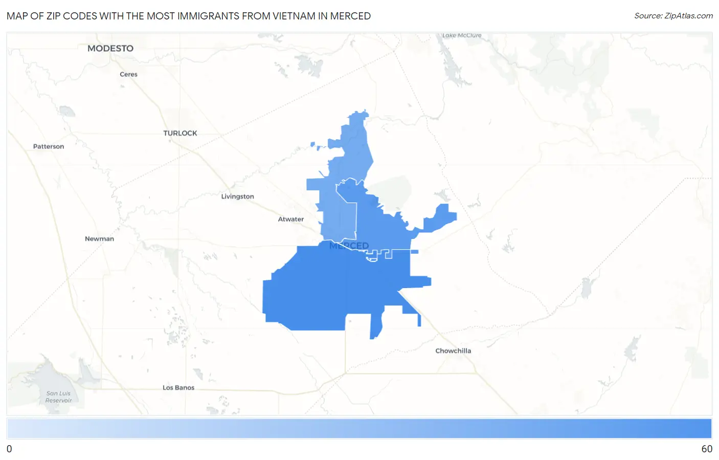 Zip Codes with the Most Immigrants from Vietnam in Merced Map