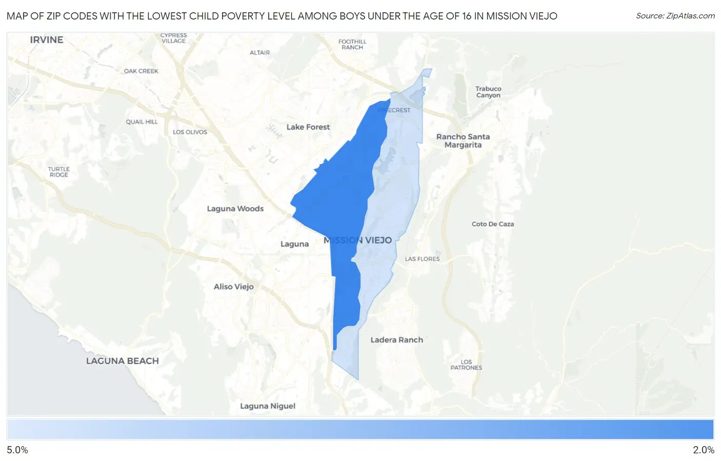 Zip Codes with the Lowest Child Poverty Level Among Boys Under the Age of 16 in Mission Viejo Map