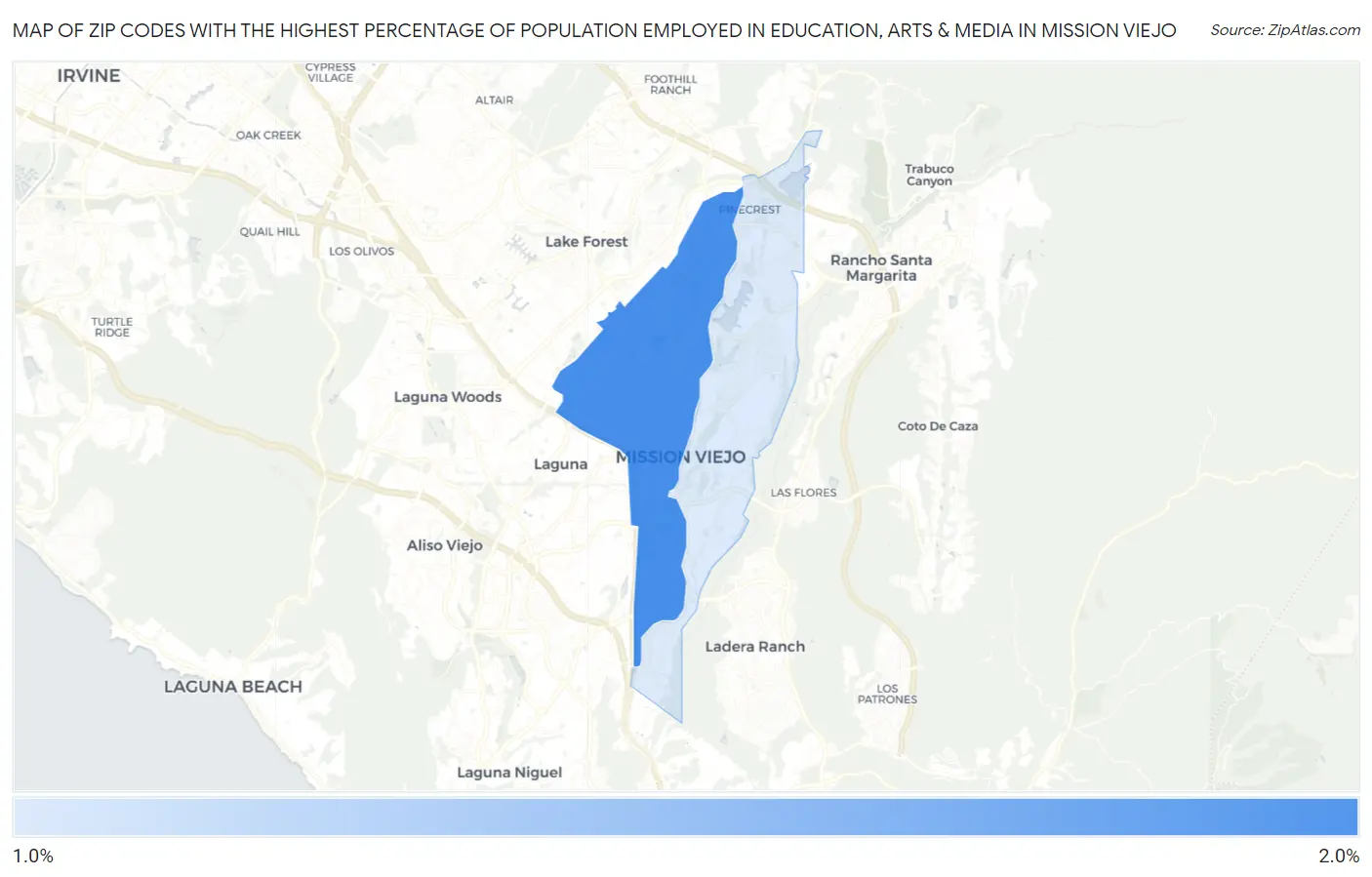 Zip Codes with the Highest Percentage of Population Employed in Education, Arts & Media in Mission Viejo Map