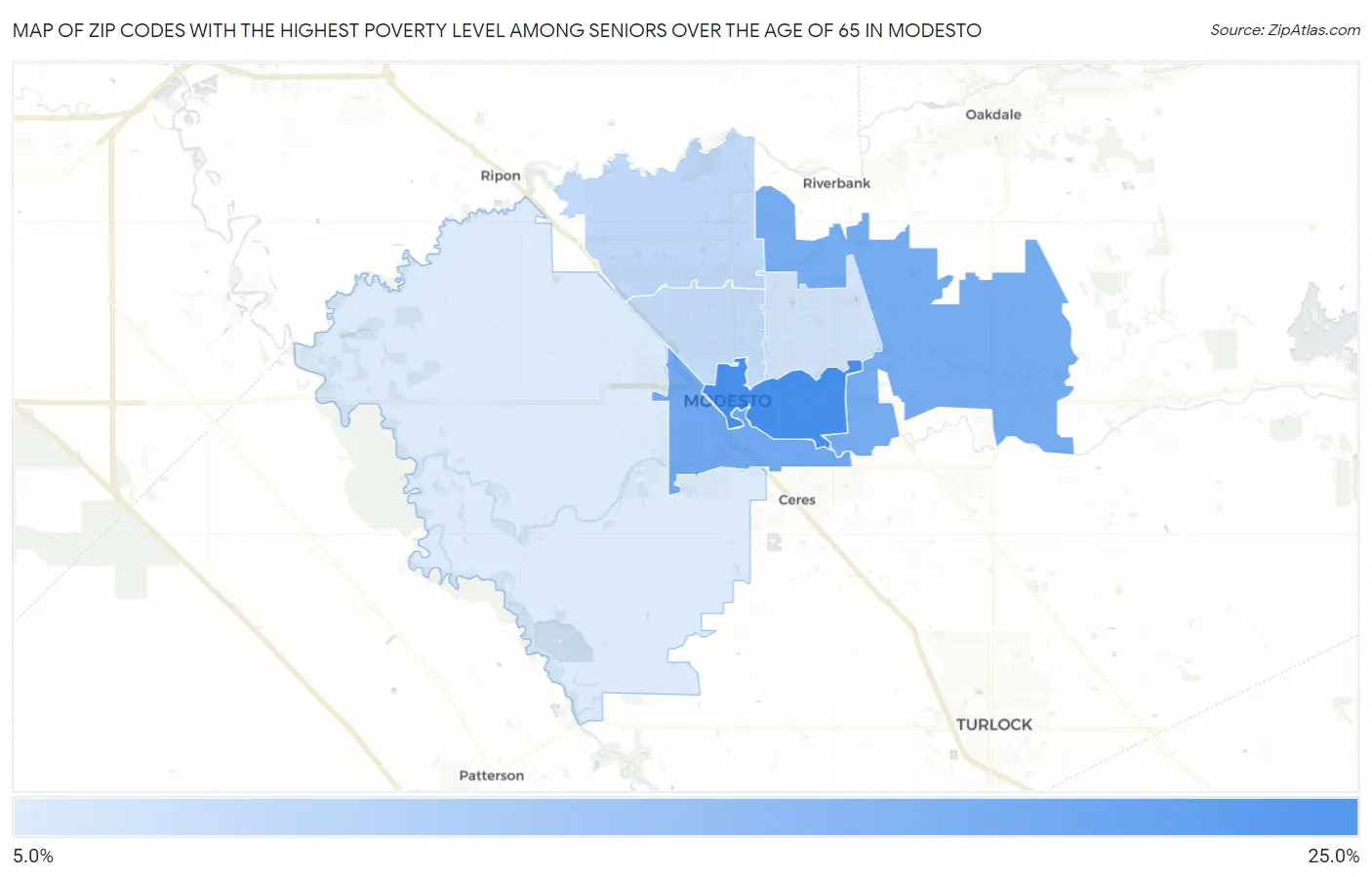 Zip Codes with the Highest Poverty Level Among Seniors Over the Age of 65 in Modesto Map