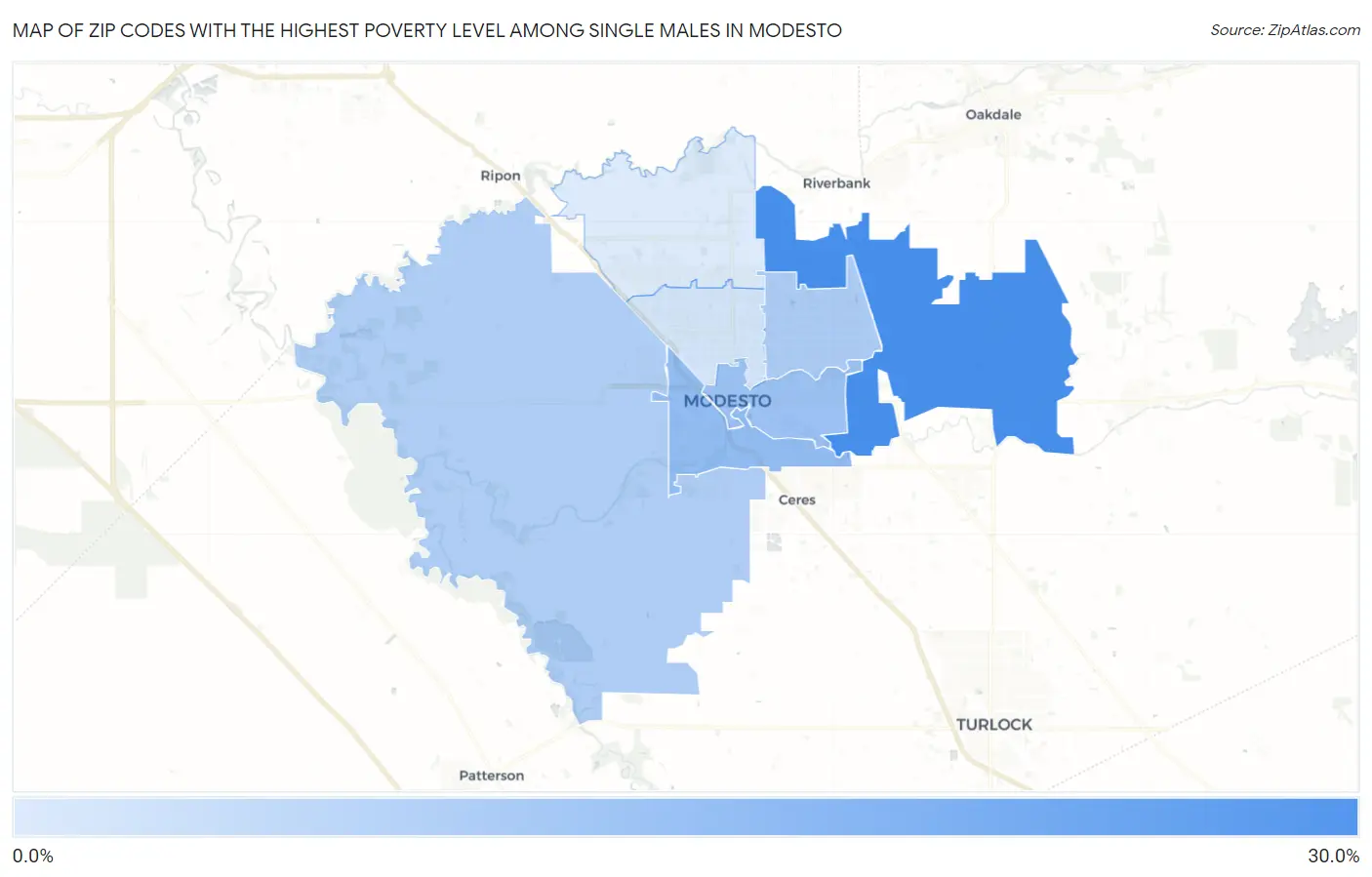 Zip Codes with the Highest Poverty Level Among Single Males in Modesto Map