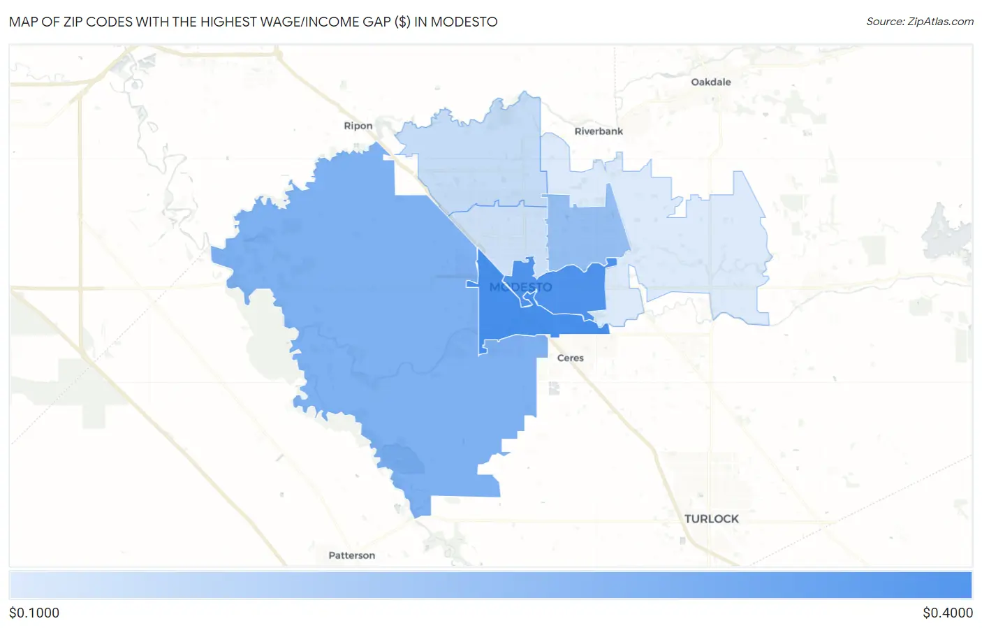 Zip Codes with the Highest Wage/Income Gap ($) in Modesto Map