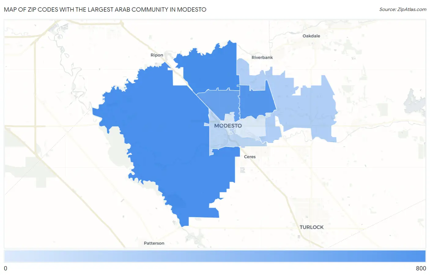 Zip Codes with the Largest Arab Community in Modesto Map